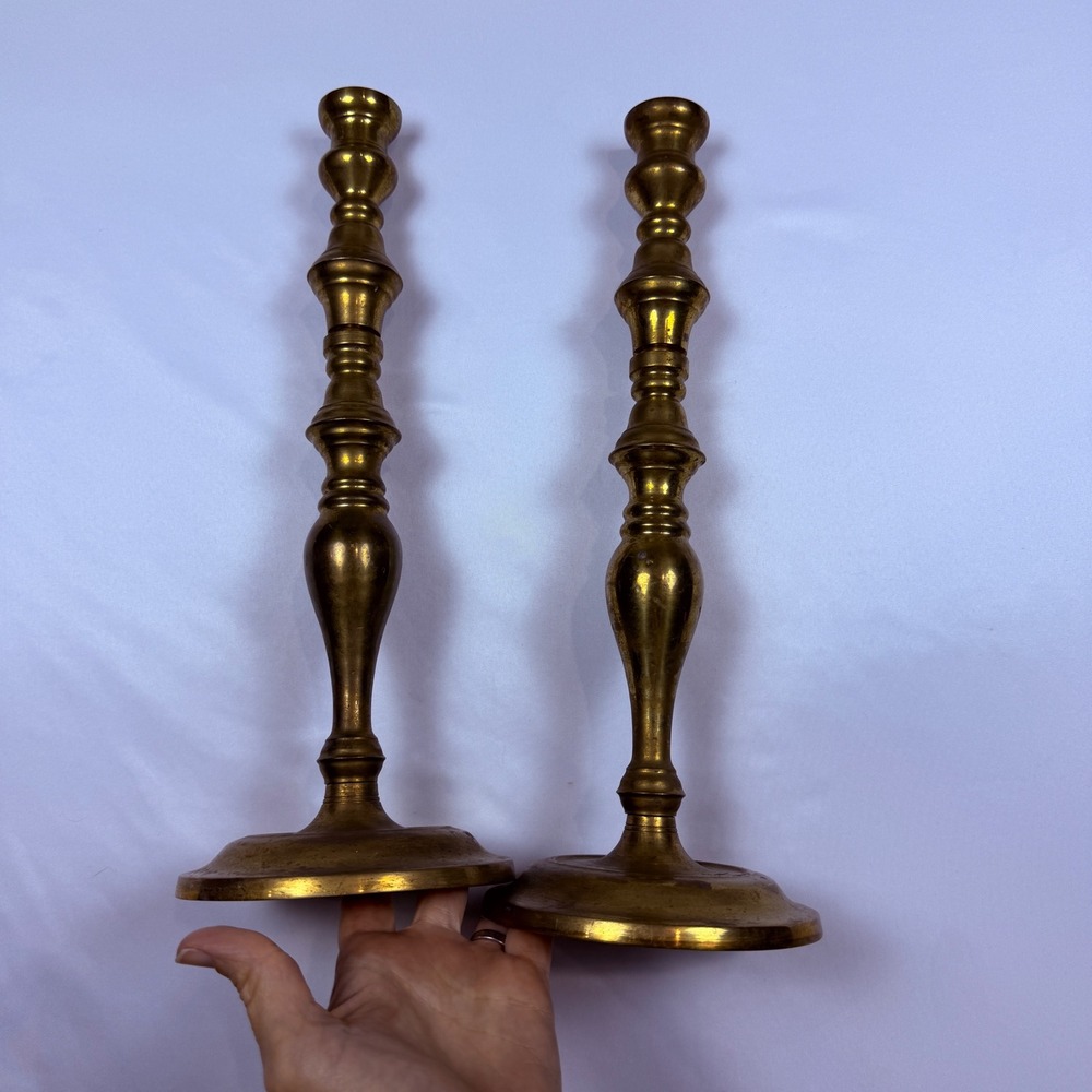 Vintage Brass Tall Baluster Candlestick Set Pair 13.5 Inch Gold Traditional